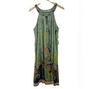 Anu by Natural Boho Beaded Chiffon Green Halter Dress Paisley Floral Medium
